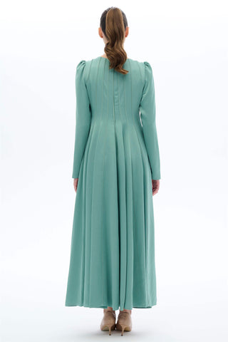 Satin-Trim Jacquard Panel Dress – Green