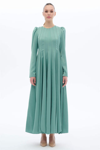 Satin-Trim Jacquard Panel Dress – Green