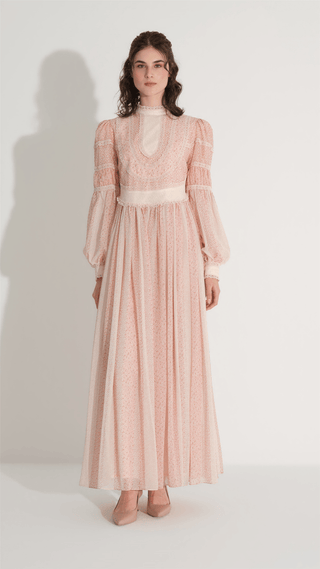 Lace Trim Gathered Chiffon Dress – Powder Pink