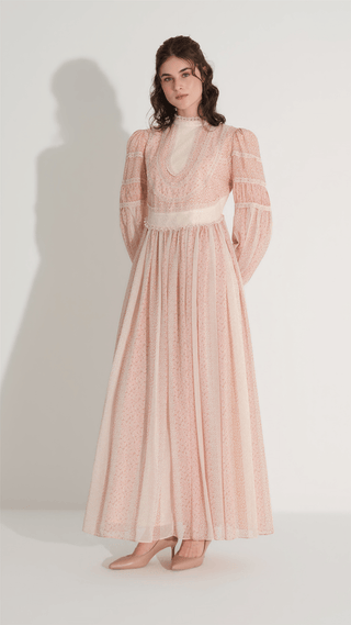 Lace Trim Gathered Chiffon Dress – Powder Pink