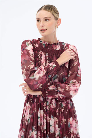 ŞERİT DANTELLİ ŞİFON ELBİSE Bordo