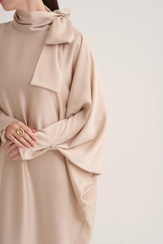 Sophie Satin Bow-Neck Dress – Beige