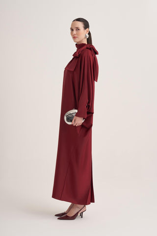 Sophie Satin Bow-Neck Dress – Burgundy