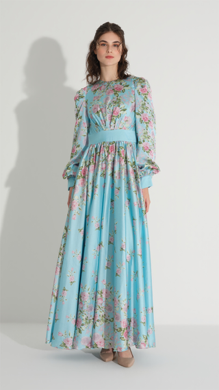 Floral Satin A-Line Dress – Blue