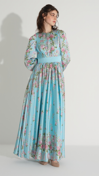 Floral Satin A-Line Dress – Blue