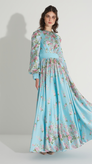 Floral Satin A-Line Dress – Blue
