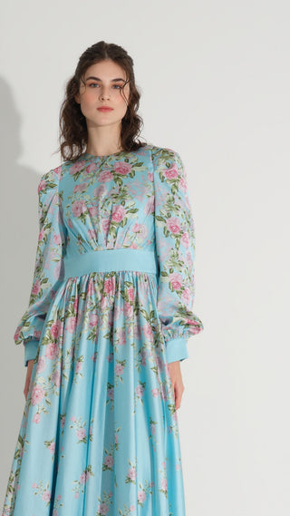 Floral Satin A-Line Dress – Blue
