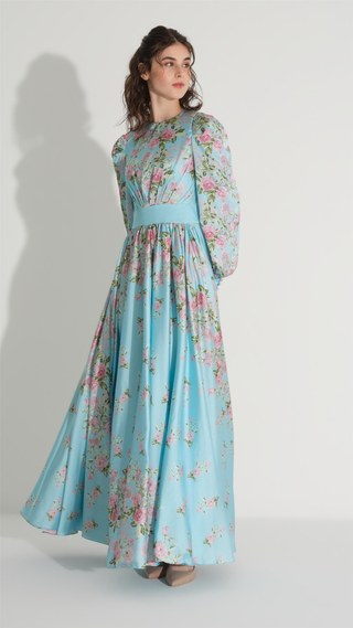 Floral Satin A-Line Dress – Blue