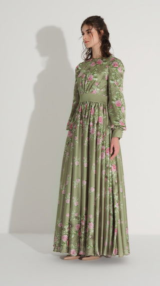 Floral Satin A-Line Dress – Green