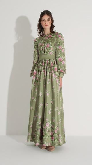 Floral Satin A-Line Dress – Green