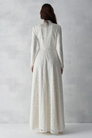 Long Evening Dress with Stone-Embellished Lace Details – Ecru