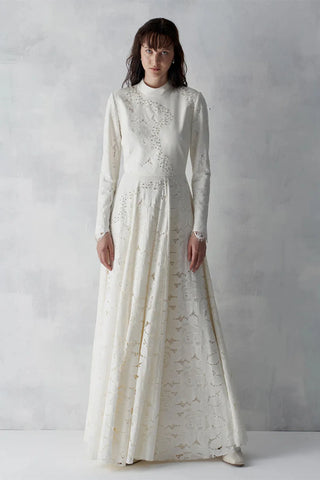 Long Evening Dress with Stone-Embellished Lace Details – Ecru