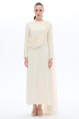 Ecru One-Shoulder Cape Detail Maxi Dress