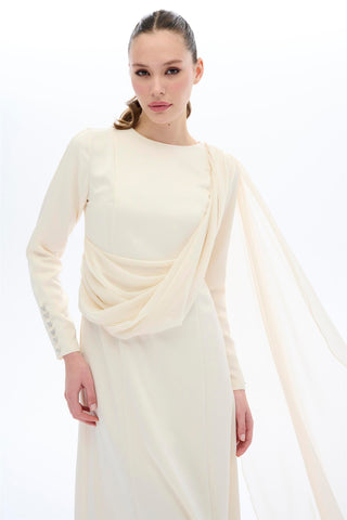 Ecru One-Shoulder Cape Detail Maxi Dress