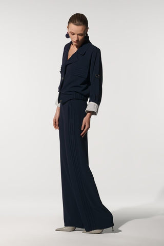 Tessa Contrast-Waist Wide-Leg Trousers – Navy