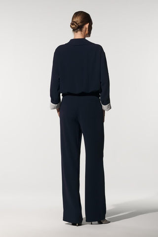 Tessa Contrast-Waist Wide-Leg Trousers – Navy