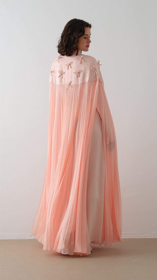 Pleated Blush Cape Dress with Beaded Embellishment