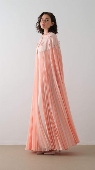 Pleated Blush Cape Dress with Beaded Embellishment