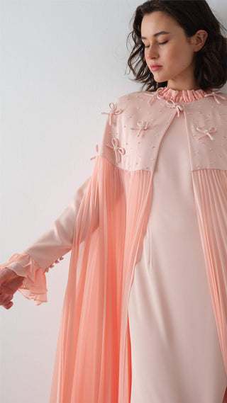 Pleated Blush Cape Dress with Beaded Embellishment