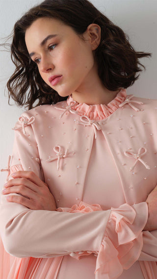 Pleated Blush Cape Dress with Beaded Embellishment