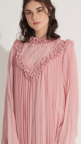 Lace & Ruffle Pleated Dress - Pink