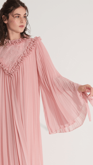 Lace & Ruffle Pleated Dress - Pink