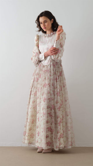 Satin and Chiffon Maxi Dress - Ecru