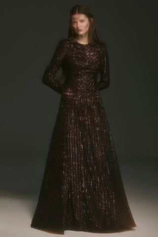 Chevron Sequin Evening Gown - Brown