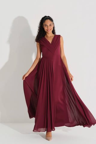 V YAKASA KESİM ŞİFON ELBİSE Bordo