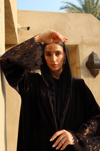 Velvet Lace Abaya – Black
