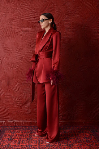 Vespera Feather-Sleeve Set — Burgundy