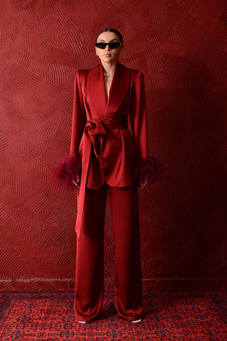 Vespera Feather-Sleeve Set — Burgundy