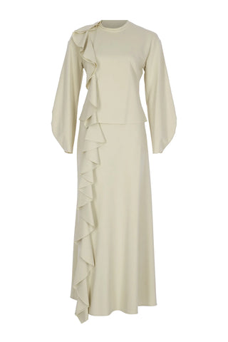 Ruffled High-Neck Blouse & Skirt Set – Stone