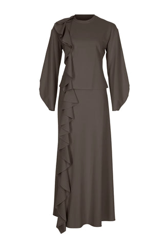 Ruffled High-Neck Blouse & Skirt Set – Mink
