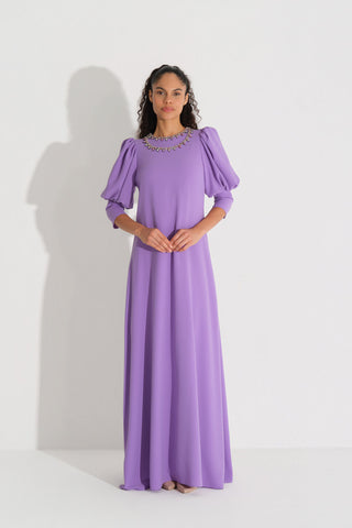 Stone-Embellished Neck Crepe Dress – Lilac