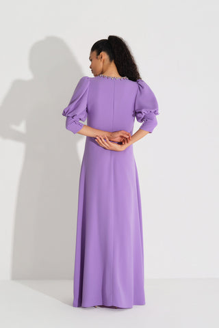 Stone-Embellished Neck Crepe Dress – Lilac