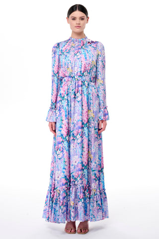 Gathered Neck & Cuff Floral Maxi Dress – Lilac