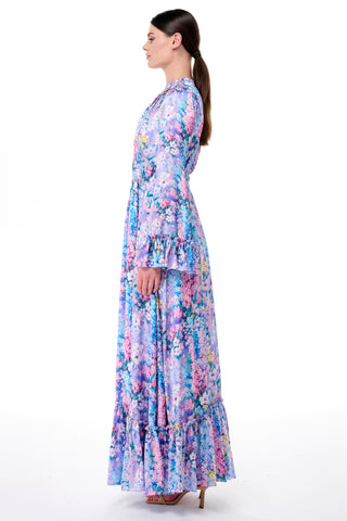 Gathered Neck & Cuff Floral Maxi Dress – Lilac