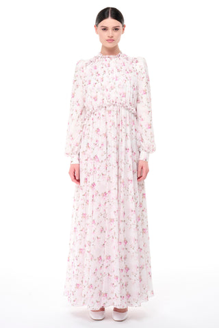 Gathered Neck Floral Maxi Dress – Ecru