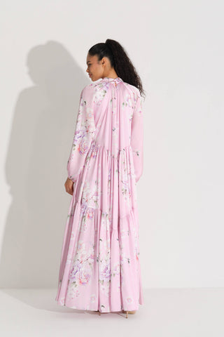 YAKASI FİYONKLU ŞİFON SATEN ELBİSE K. PEMBE