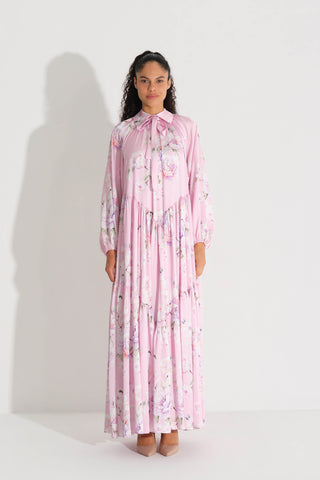 YAKASI FİYONKLU ŞİFON SATEN ELBİSE K. PEMBE