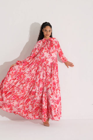 Bow-Neck Floral Satin Chiffon Dress – Red