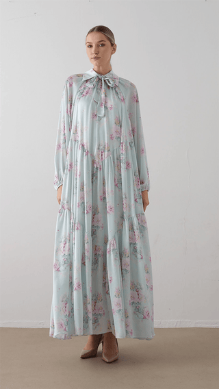 Bow Neck Chiffon Satin Dress – Blue