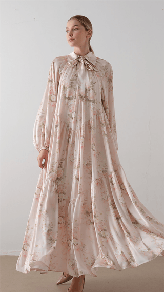 Bow Neck Chiffon Satin Dress – Pink