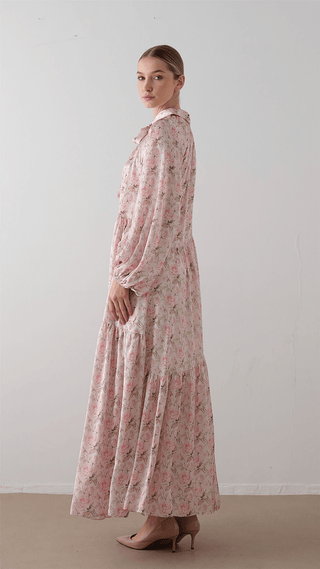 Bow Neck Chiffon Satin Dress – Soft Pink