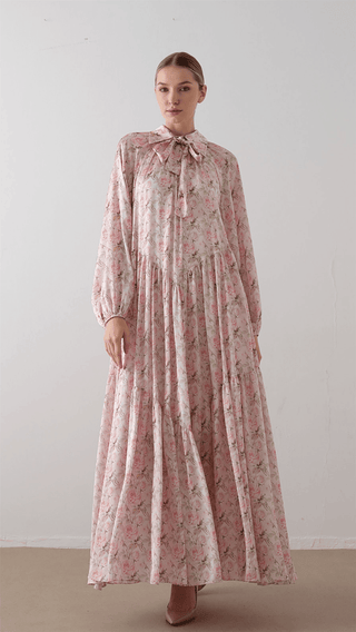 Bow Neck Chiffon Satin Dress – Soft Pink