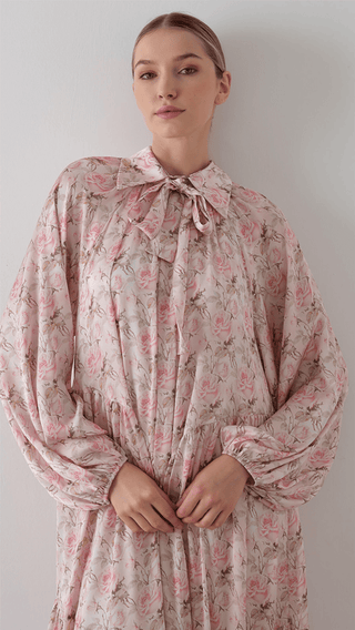 Bow Neck Chiffon Satin Dress – Soft Pink