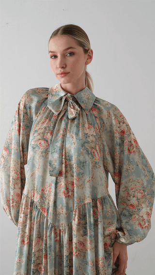 Bow Neck Chiffon Satin Dress – Green