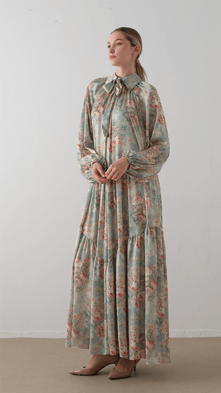 Bow Neck Chiffon Satin Dress – Green