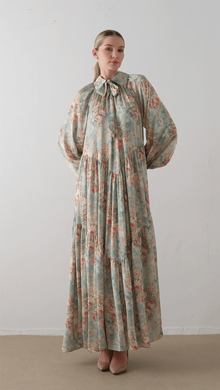 Bow Neck Chiffon Satin Dress – Green